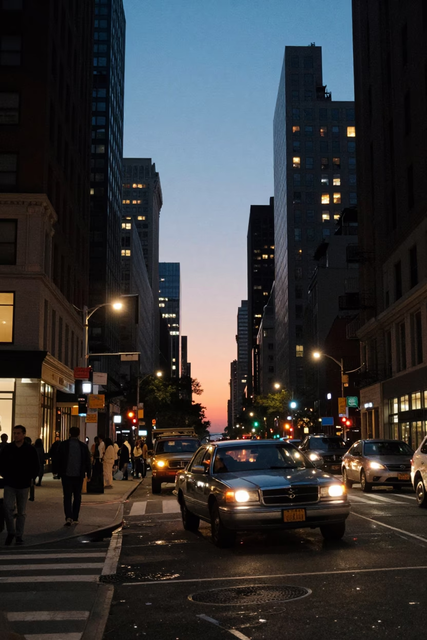 Twilight Street Scene in New York City with Vintage Car and Urban Details in in New York, New York, United States