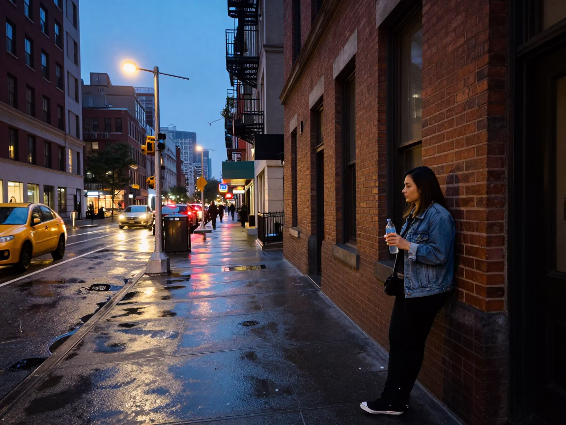 Twilight Street Scene in New York City with Water Bottle and Matcha Bowl in in New York, New York, United States