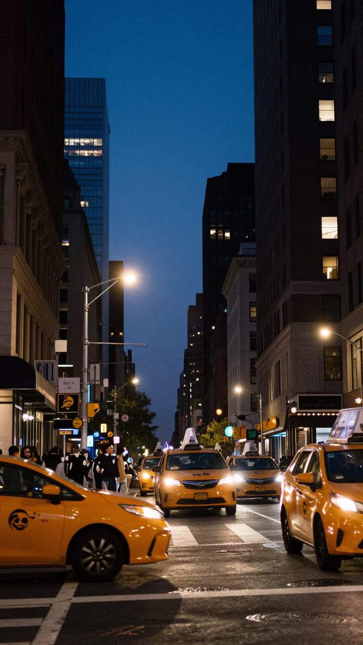 Twilight Street Scene in New York City with Yellow Taxi and Pedestrians on Sidewalk in in New York, New York, United States