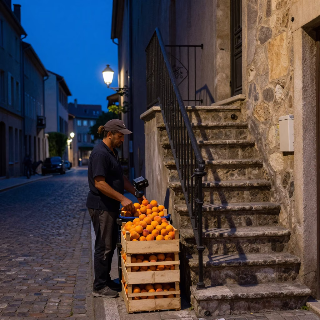 Twilight Street Scene in Nice France with Apricots and Stair Rail in in Nice, France