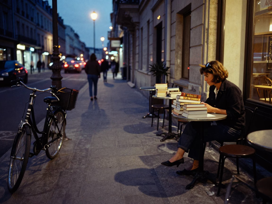 Twilight street scene in Nice France with bicycle and books on sidewalk in in Nice, France