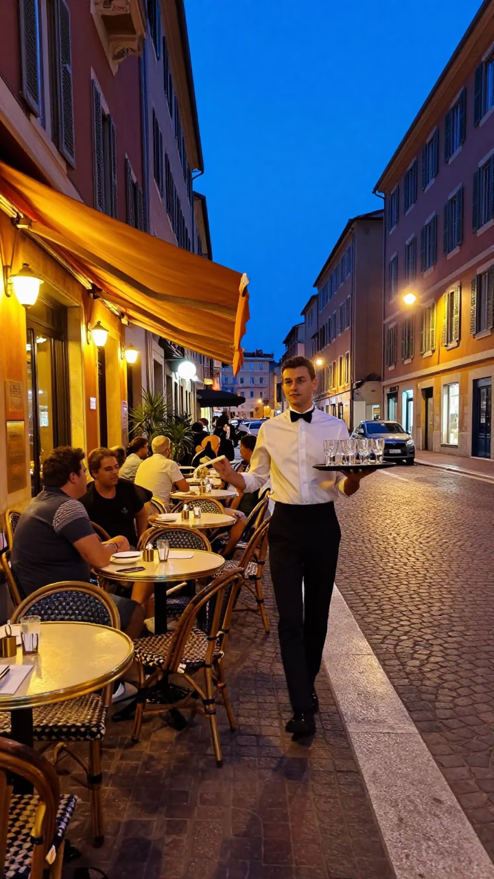 Twilight street scene in Nice France with café tables and evening ambiance in in Nice, France