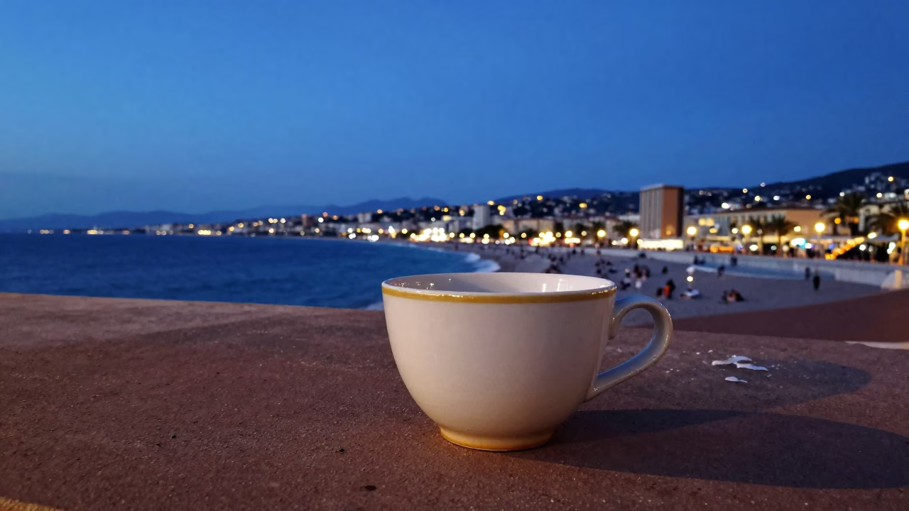 Twilight Street Scene in Nice France with Ceramic Cup and Paint Flecks in in Nice, France