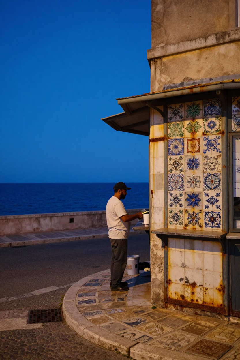 Twilight Street Scene in Nice France with Ceramic Tiles and Rusty Lid in in Nice, France