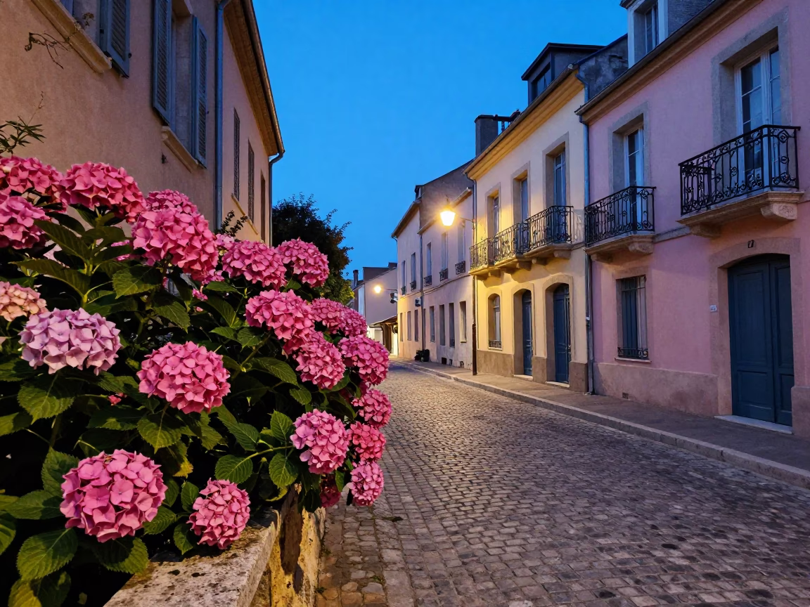 Twilight Street Scene in Nice France with Colorful Hydrangeas and Traditional Architecture in in Nice, France