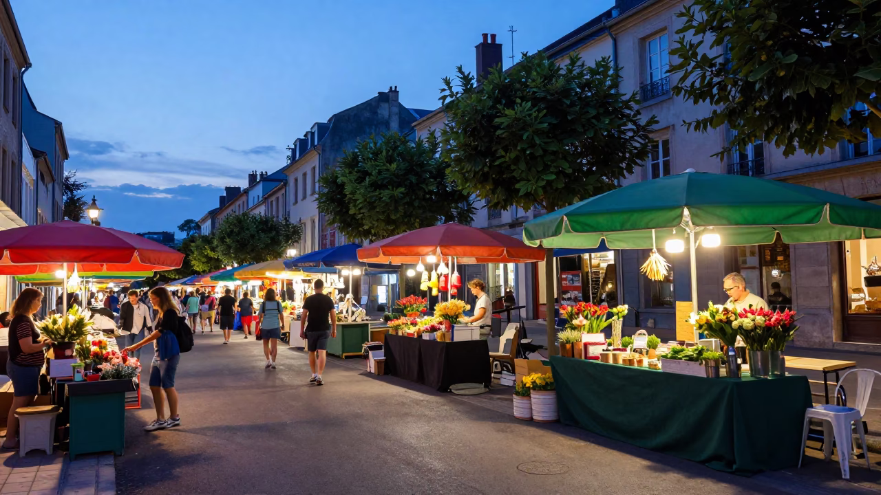 Twilight Street Scene in Nice France with Colorful Market Stalls and Local Life in in Nice, France