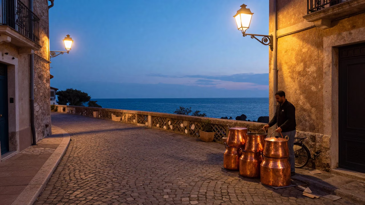 Twilight Street Scene in Nice France with Copper Pots and Cobblestone Charm in in Nice, France