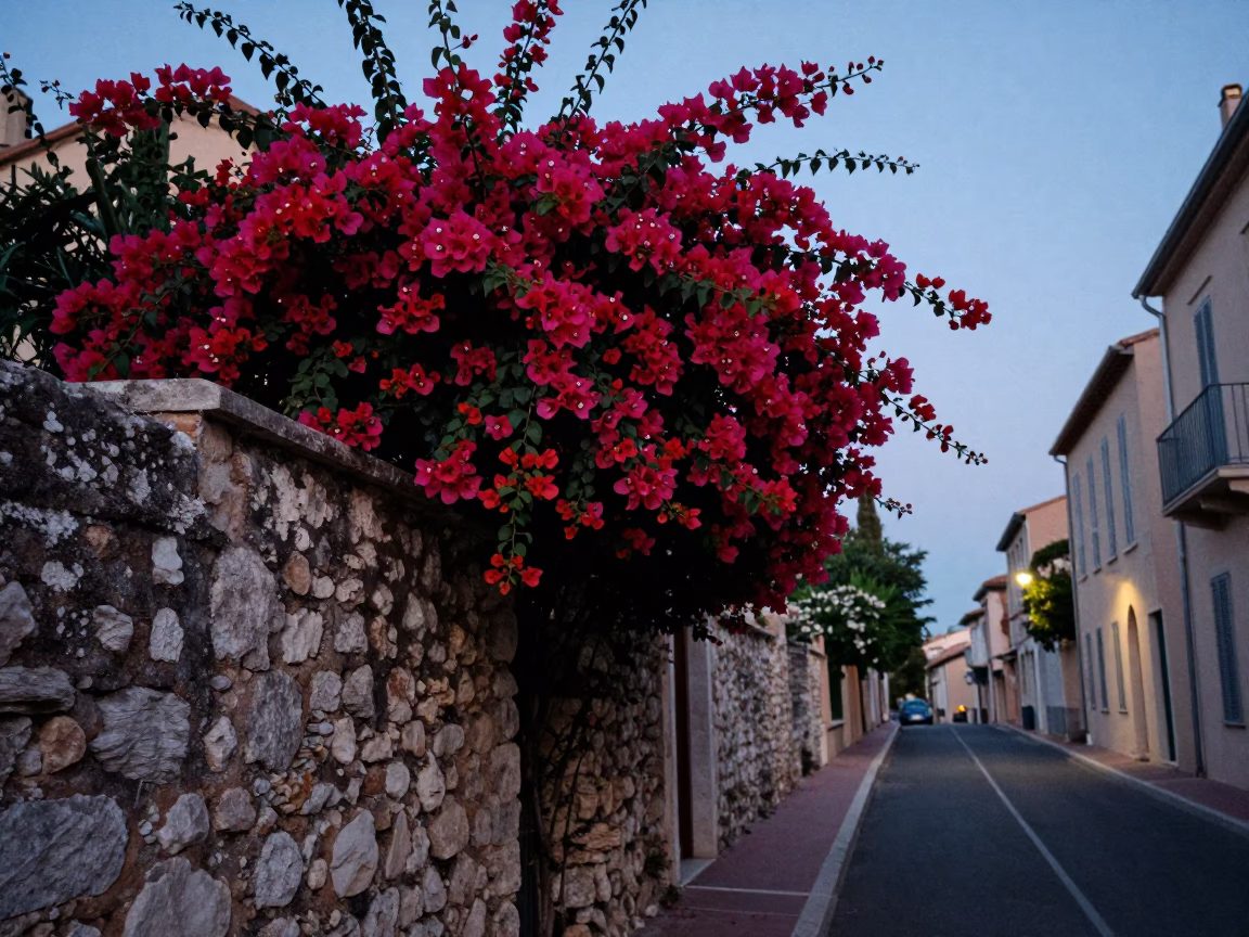 Twilight street scene in Nice France with flowering bougainvillea and local life in in Nice, France
