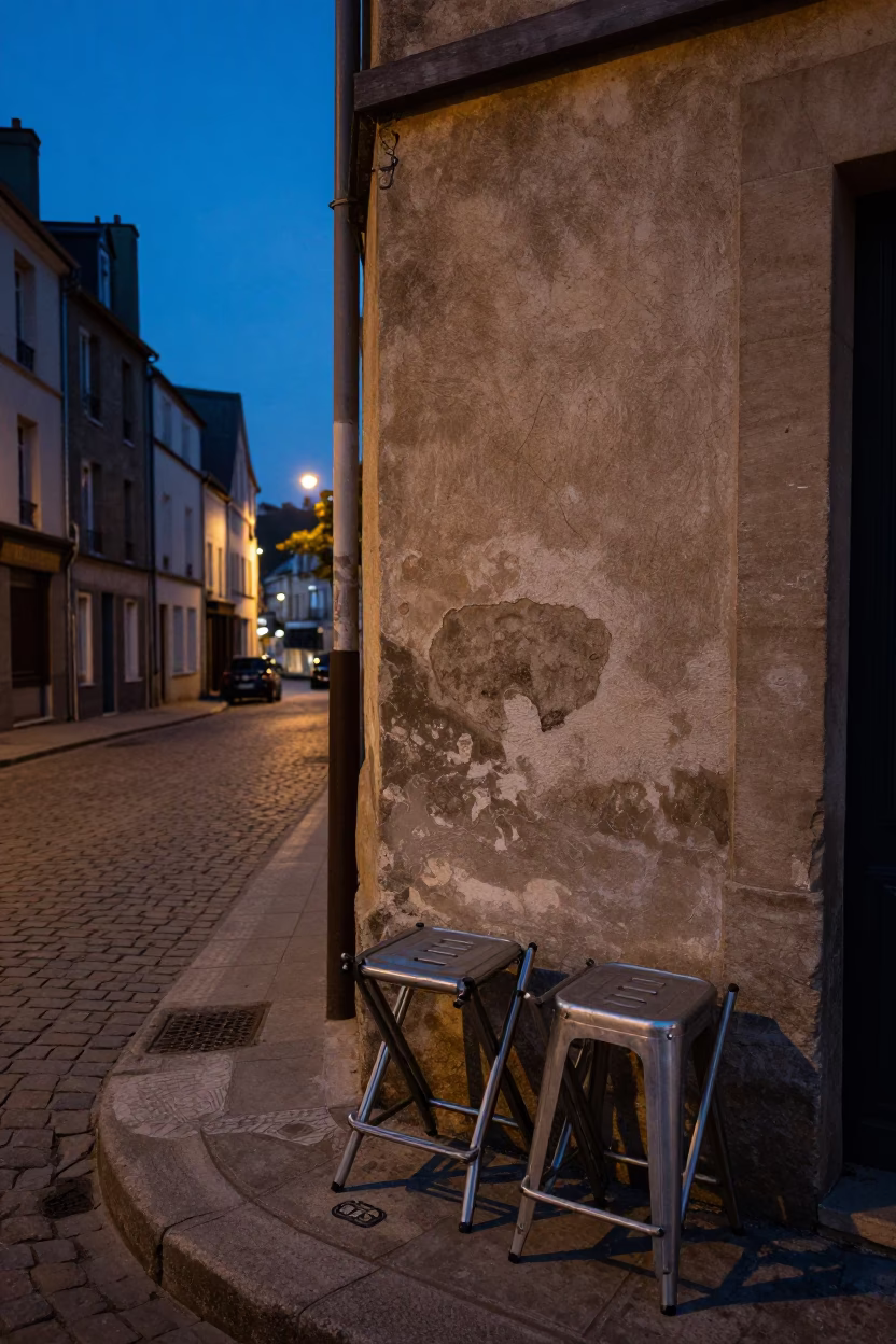 Twilight Street Scene in Nice France with Folded Stools and Evening Light in in Nice, France