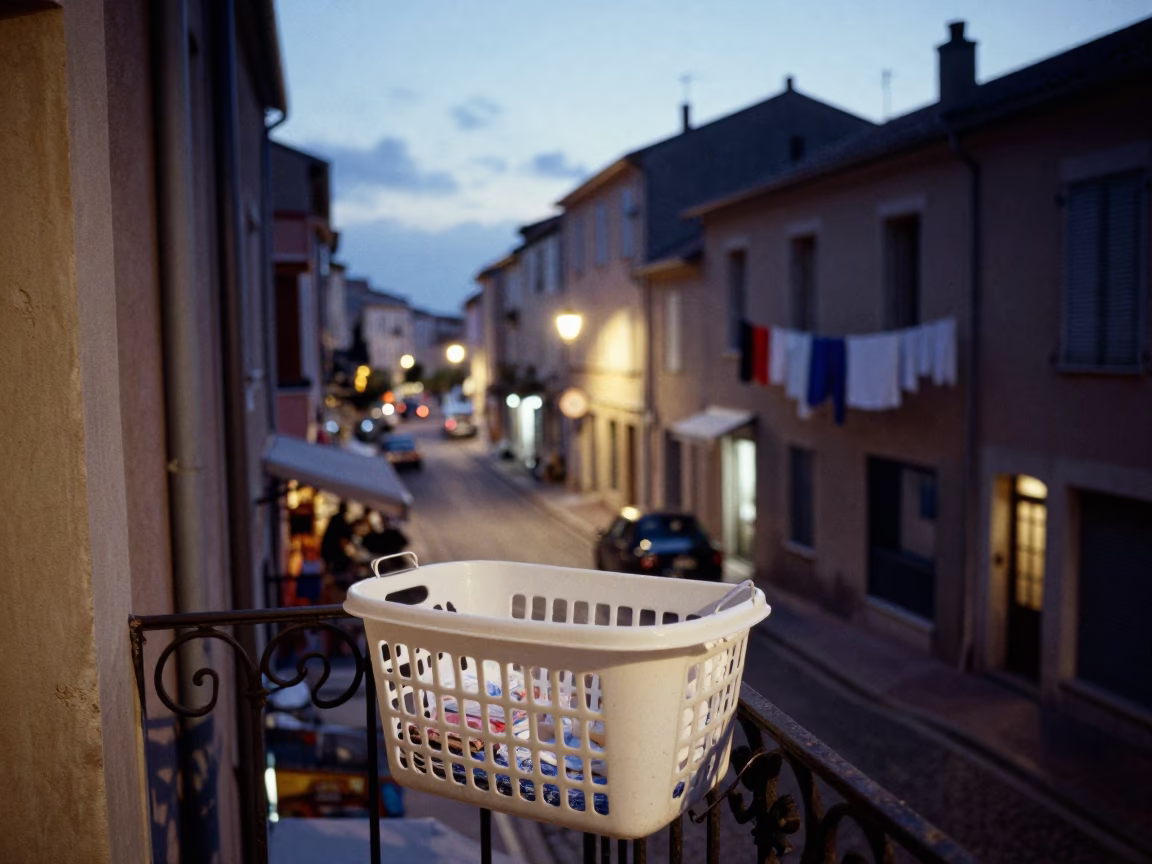 Twilight street scene in Nice France with laundry hanging and local life in in Nice, France
