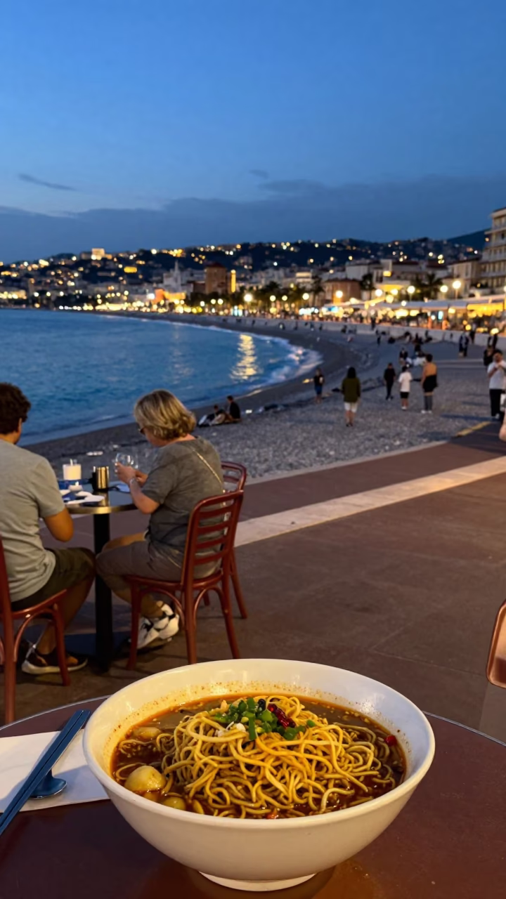 Twilight Street Scene in Nice France with Local Dining and Evening Activity in in Nice, France