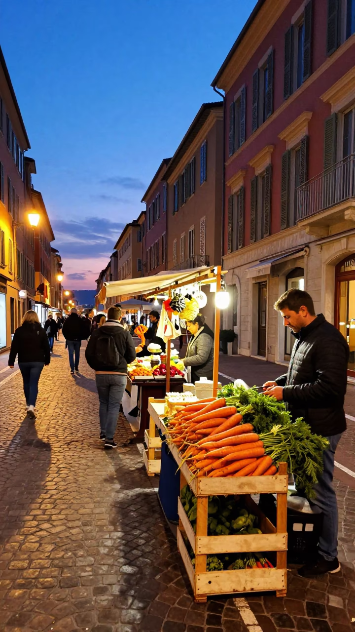 Twilight street scene in Nice France with local vendors and colorful produce in in Nice, France