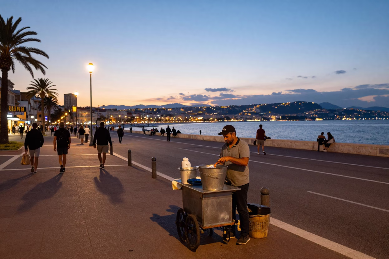 Twilight street scene in Nice France with metal bucket and local vendors in in Nice, France
