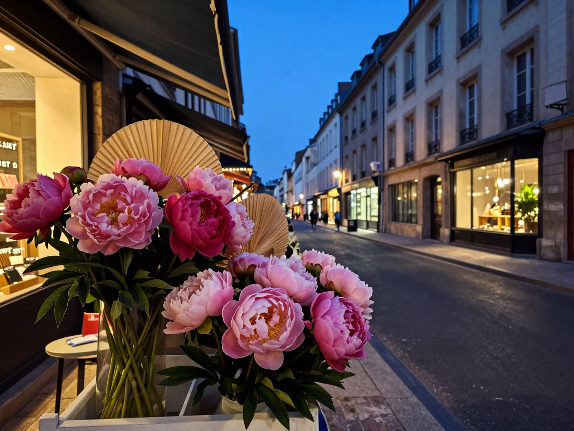 Twilight Street Scene in Nice France with Peonies and Paper Fans in in Nice, France
