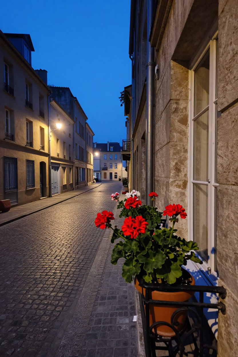 Twilight Street Scene in Nice France with Potted Geraniums on Balcony in in Nice, France