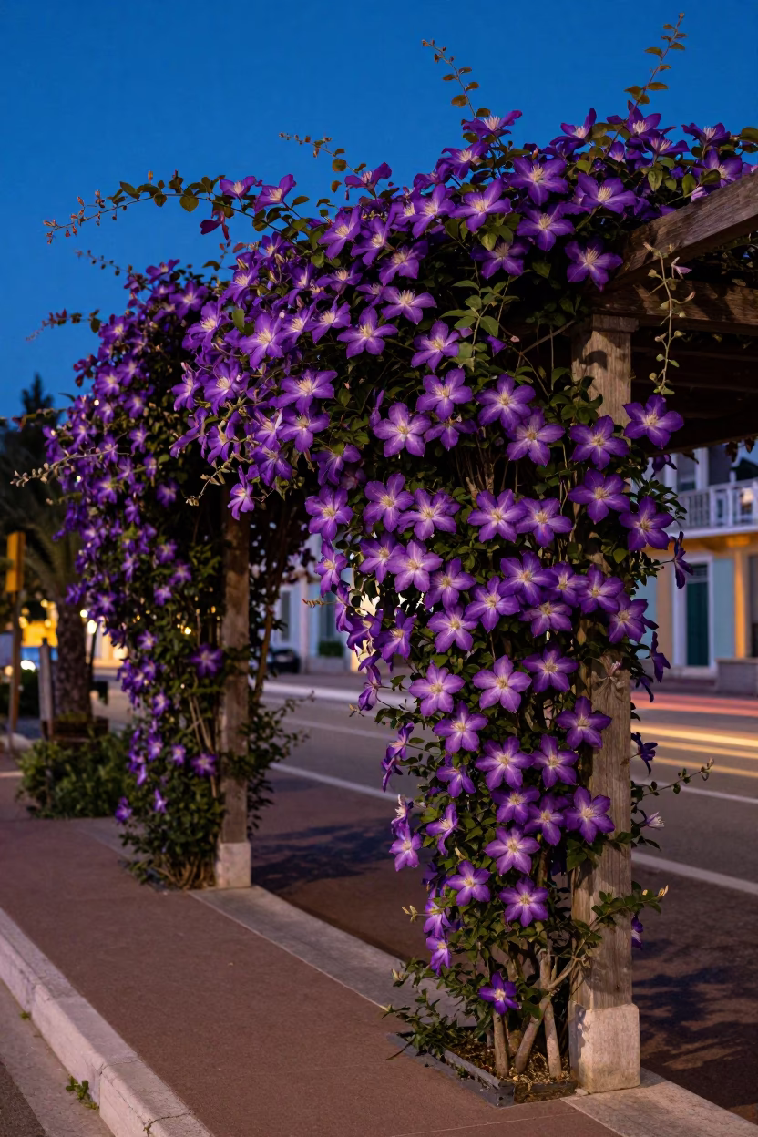 Twilight Street Scene in Nice France with Purple Clematis Vine on Wooden Pergola in in Nice, France