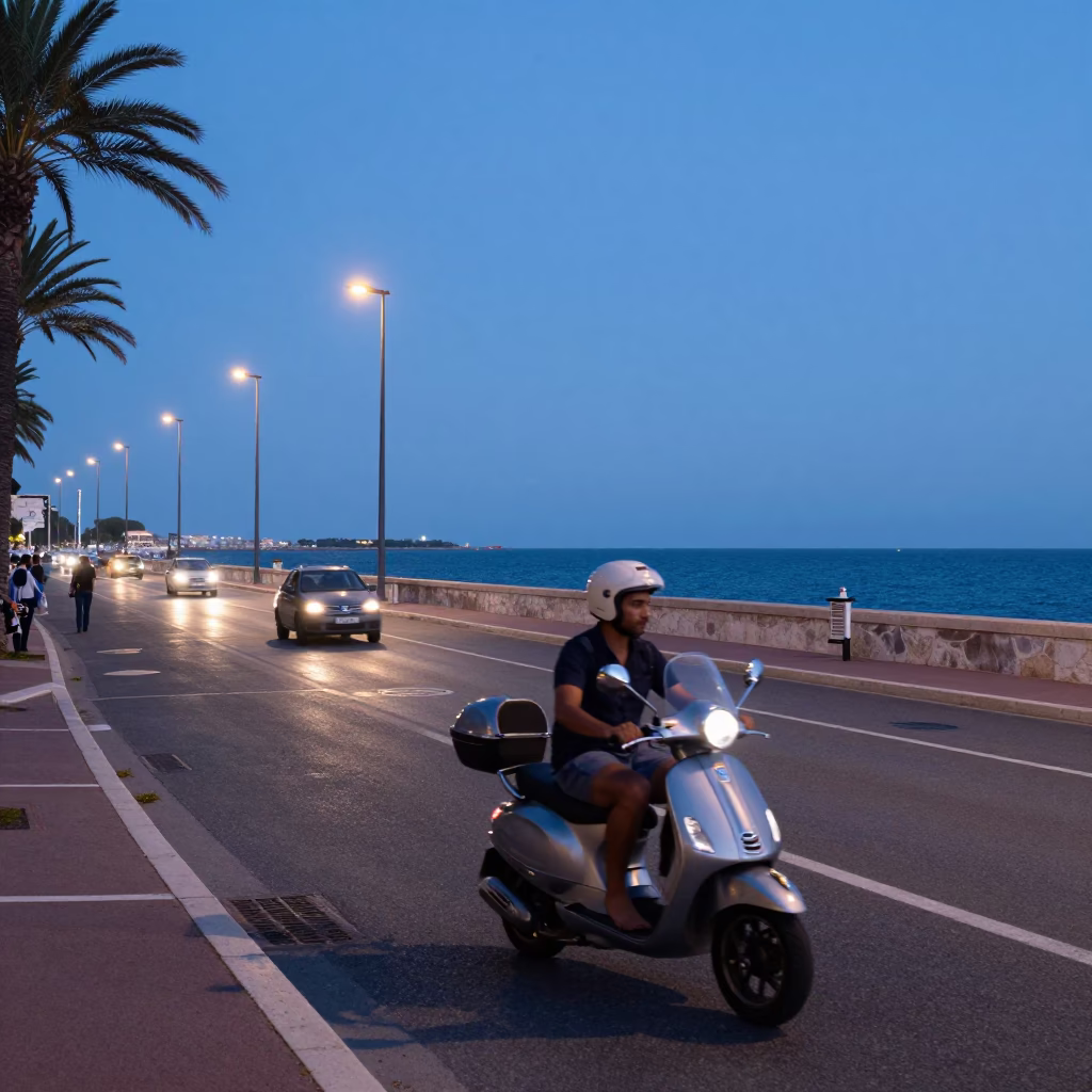 Twilight Street Scene in Nice France with Scooter and Local Life in in Nice, France