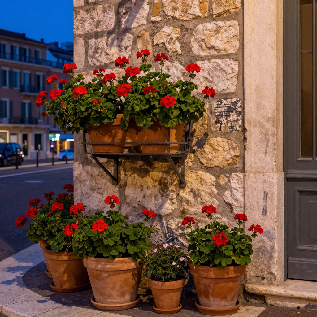 Twilight Street Scene in Nice France with Terracotta Pots and Geraniums in in Nice, France