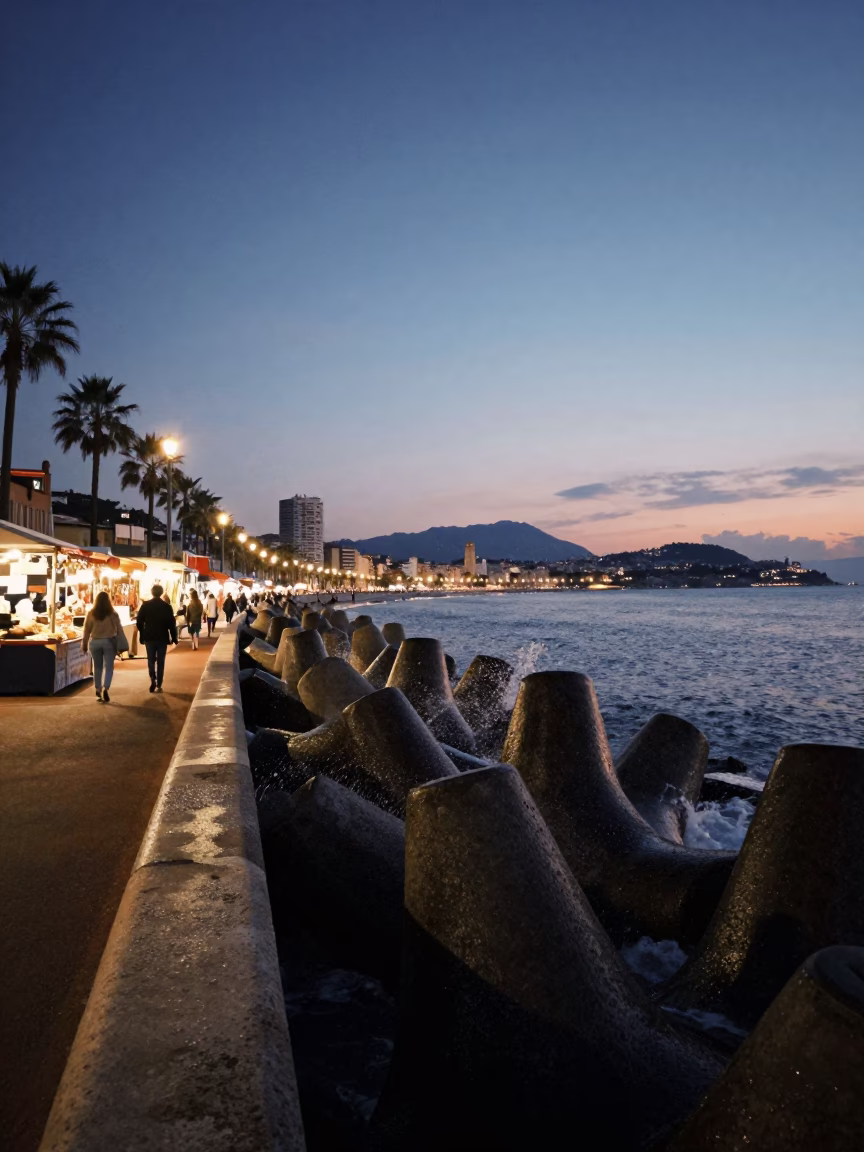 Twilight Street Scene in Nice France with Tetrapods and Local Market Activity in in Nice, France