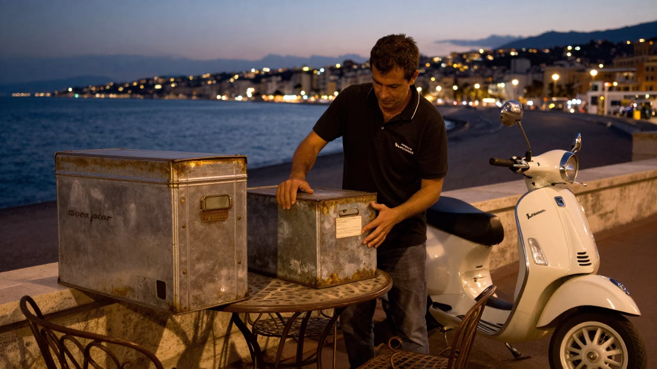 Twilight Street Scene in Nice France with Tin Box and Vespa Reflection in in Nice, France
