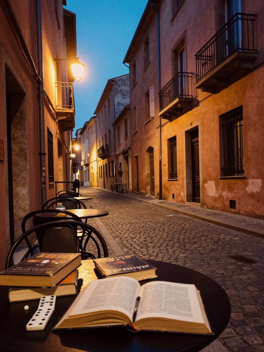Twilight Street Scene in Nice France with Vintage Books and Dominoes in in Nice, France