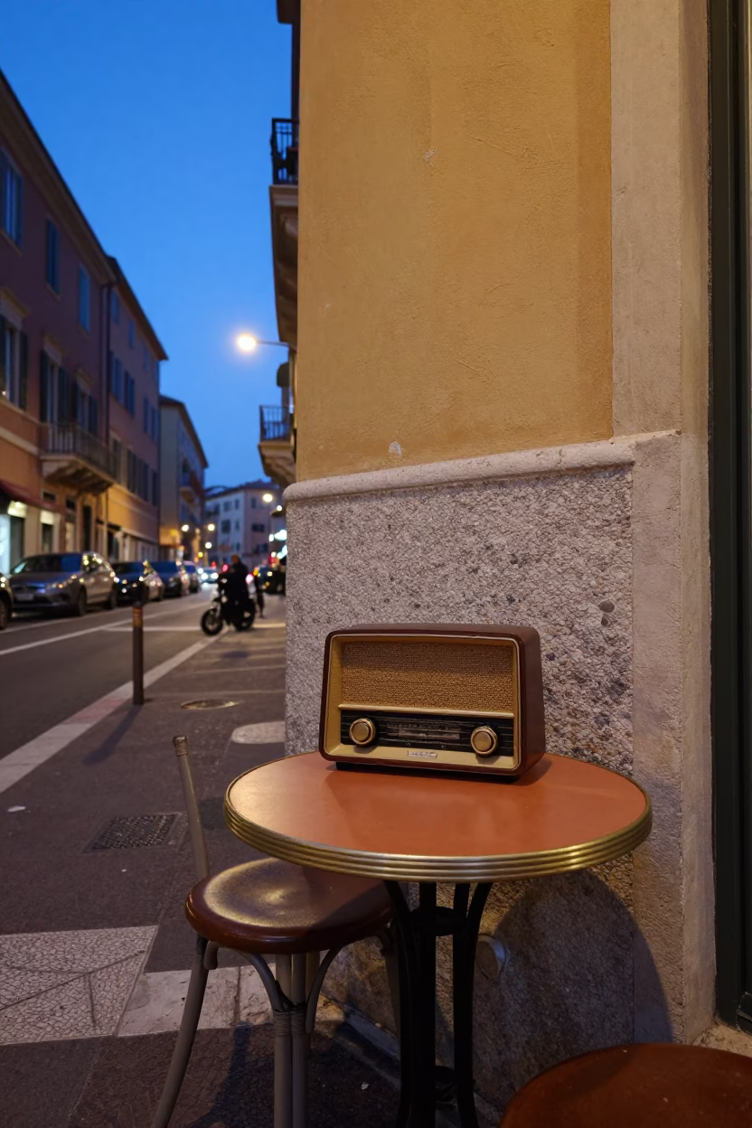 Twilight Street Scene in Nice France with Vintage Radio and Terracotta Bowls in in Nice, France