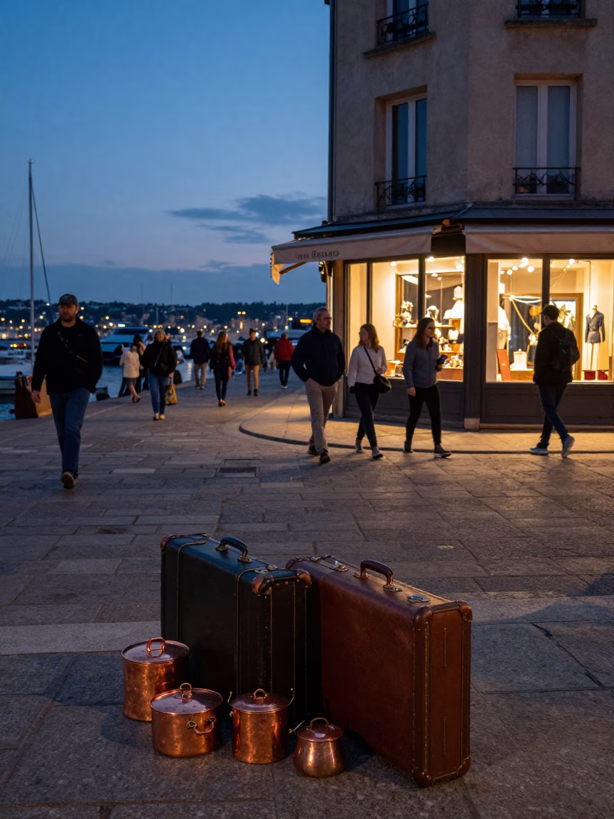 Twilight Street Scene in Nice France with Vintage Suitcases and Copper Pots in in Nice, France