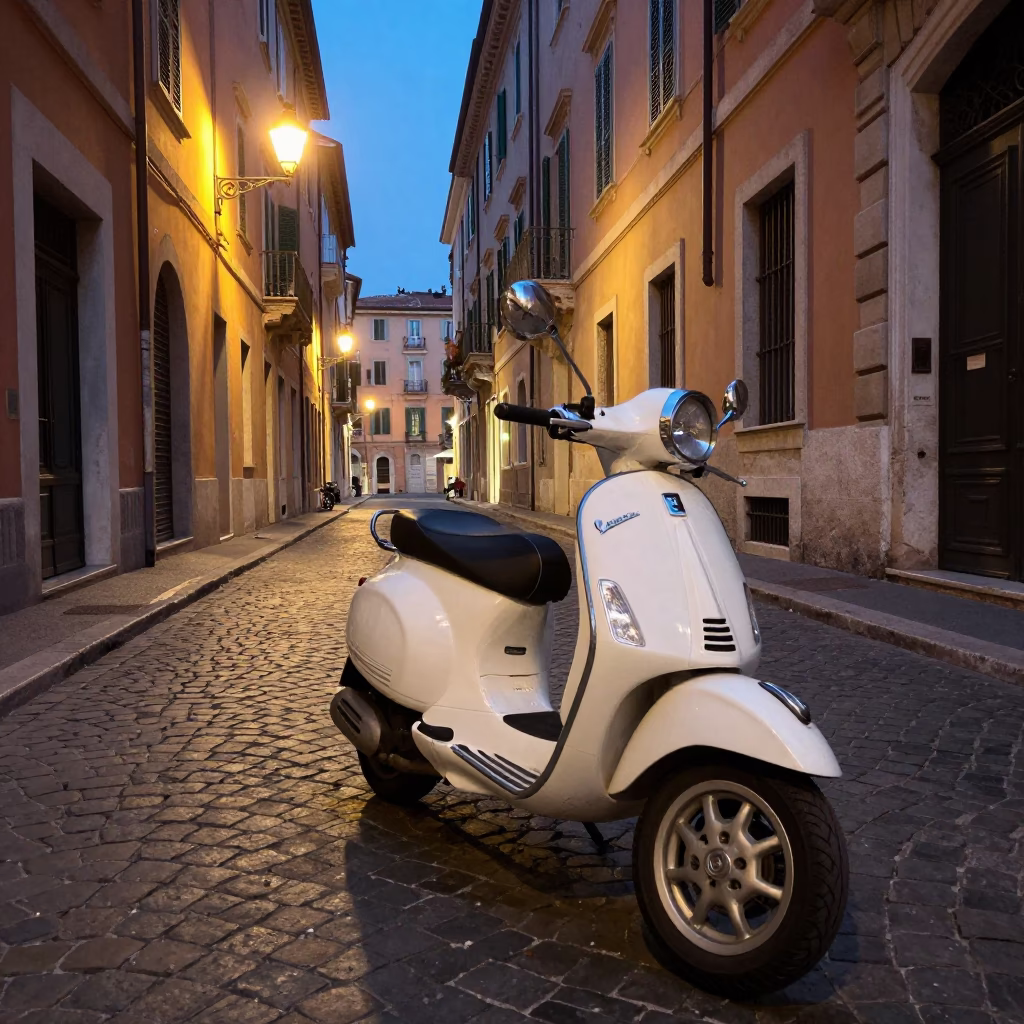 Twilight Street Scene in Nice France with Vintage Vespa and Cobblestone Lane in in Nice, France
