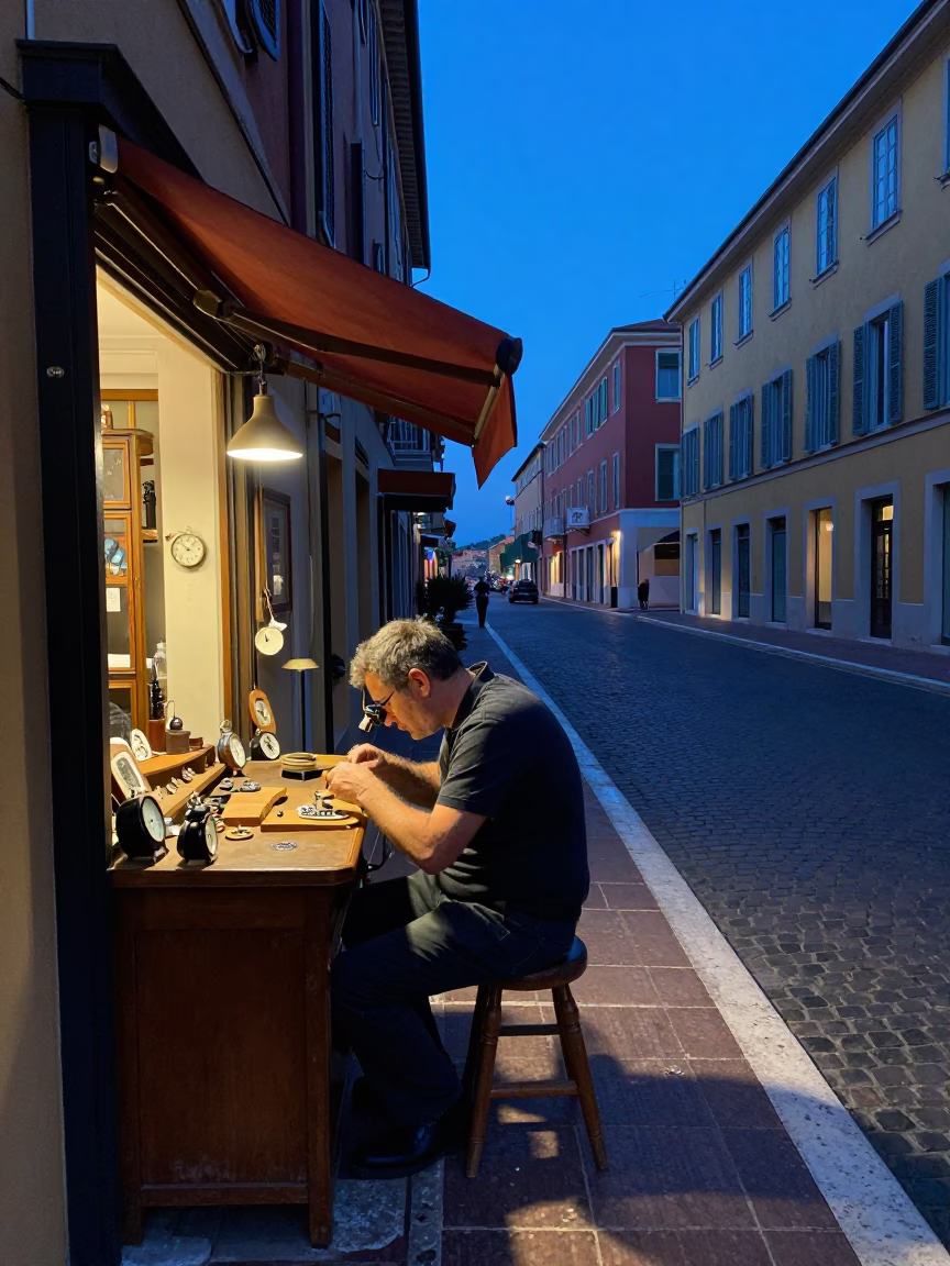 Twilight street scene in Nice France with watchmaker and alarm clock in in Nice, France