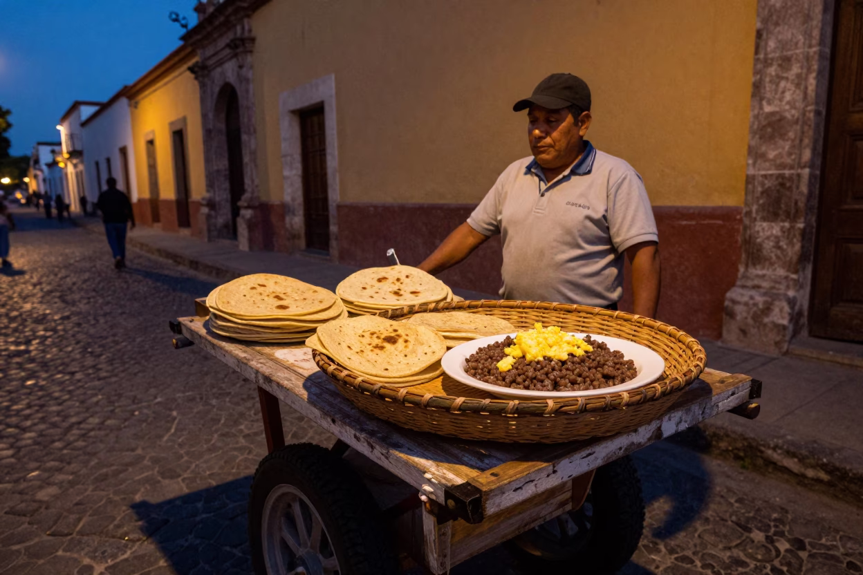 Twilight street scene in Oaxaca Mexico with basket tray and gallo pinto in in Oaxaca, Mexico