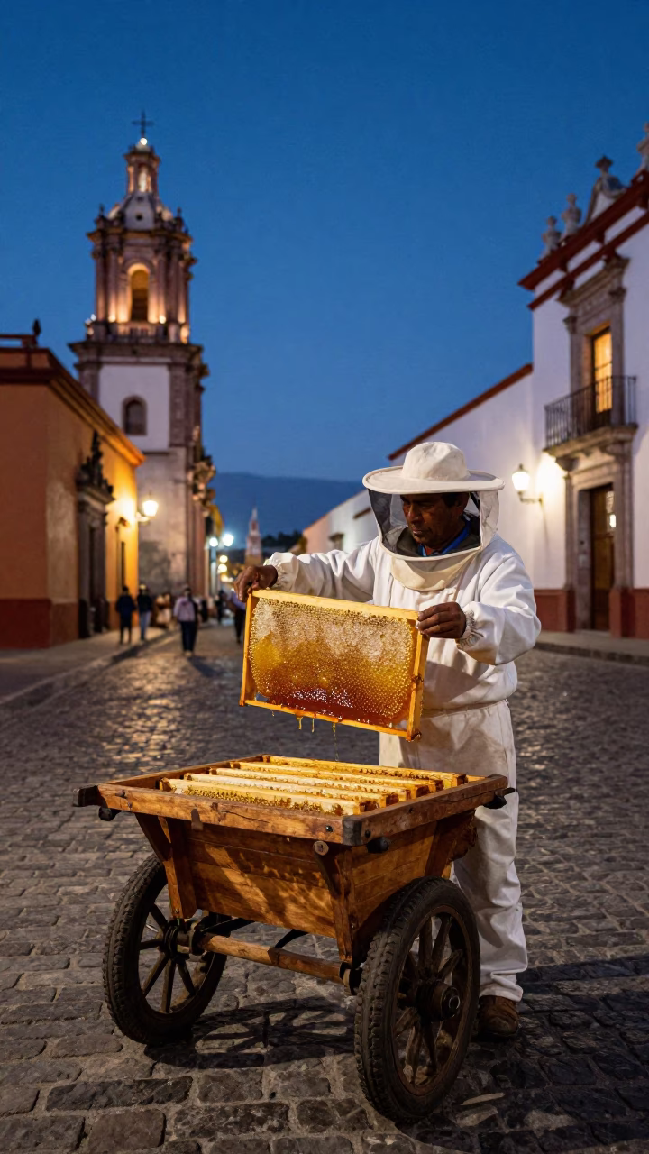 Twilight Street Scene in Oaxaca Mexico with Beekeeper Honey Frames and Local Market Activity in in Oaxaca, Mexico