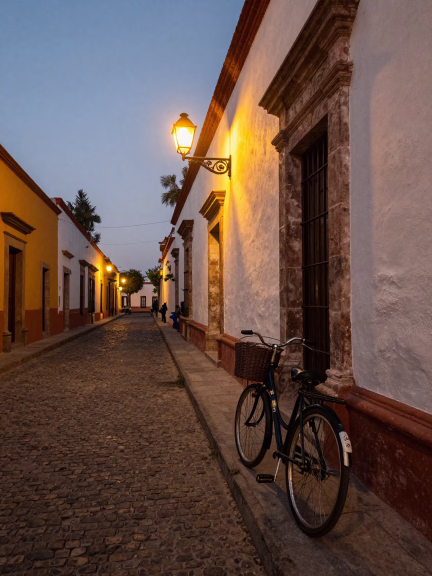 Twilight Street Scene in Oaxaca Mexico with Bicycle Basket and Kitchen Stool in in Oaxaca, Mexico