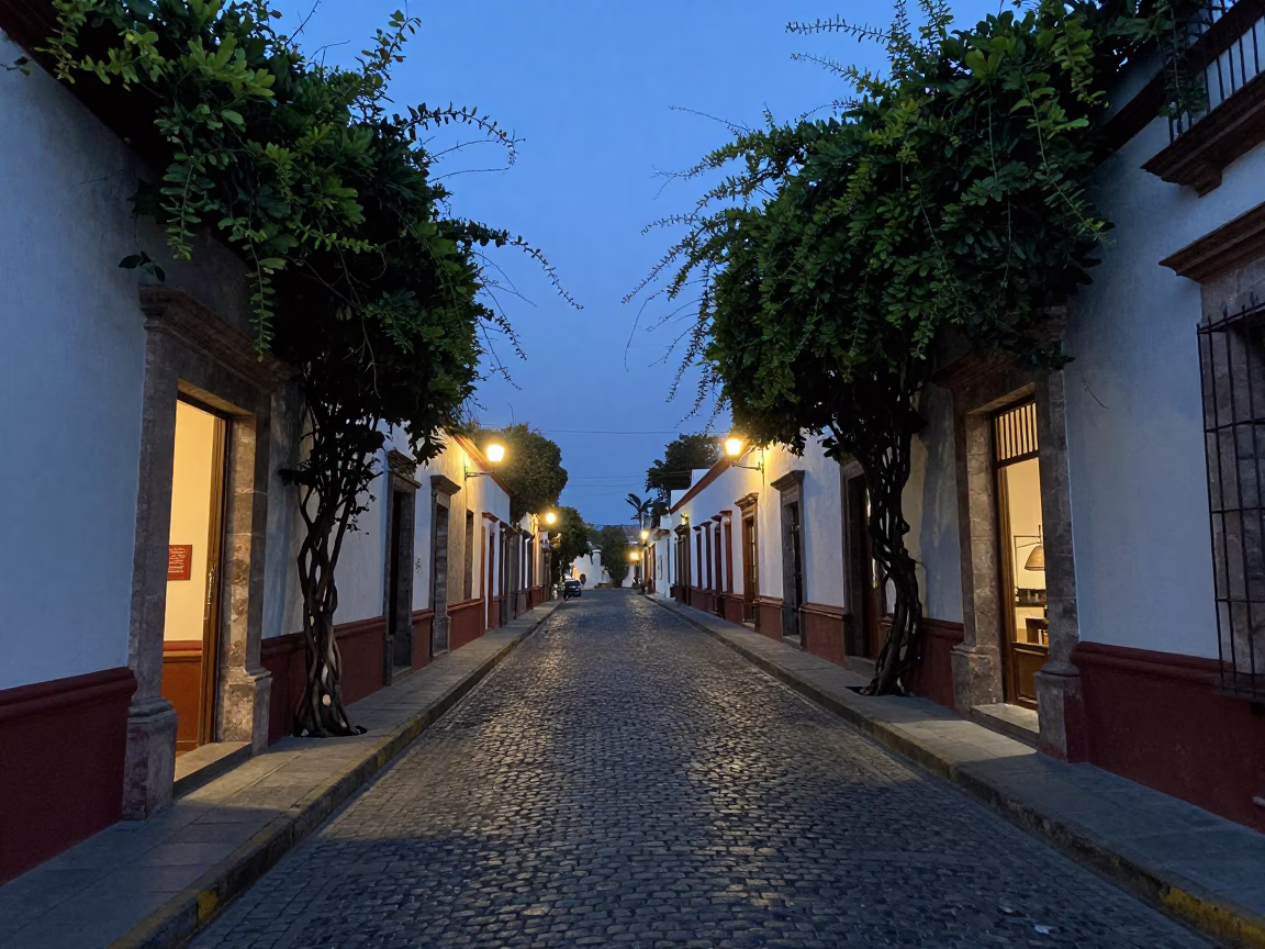 Twilight Street Scene in Oaxaca Mexico with Climbing Vines and Evening Light in in Oaxaca, Mexico