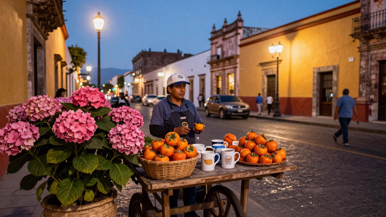 Twilight Street Scene in Oaxaca Mexico with Coffee Mugs and Hydrangeas in in Oaxaca, Mexico