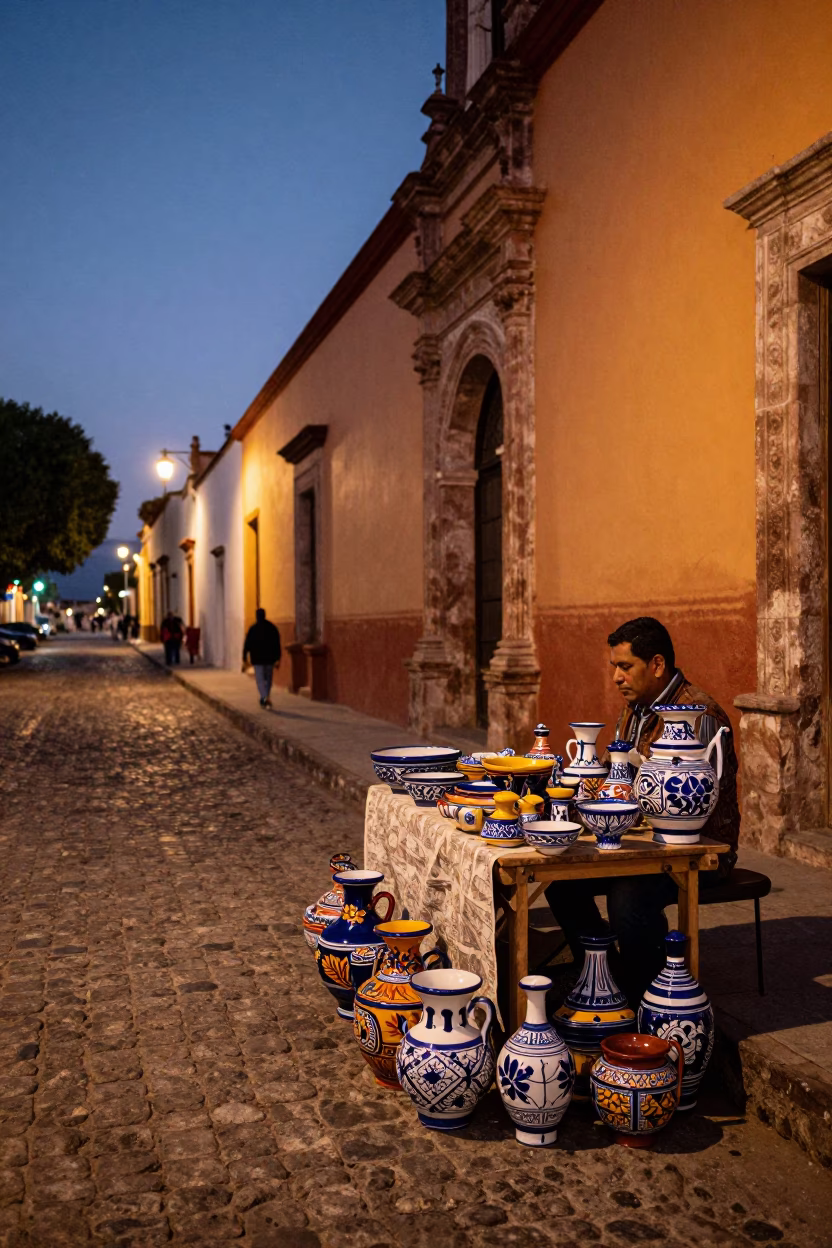 Twilight Street Scene in Oaxaca Mexico with Colorful Talavera Pottery and Local Market Activity in in Oaxaca, Mexico