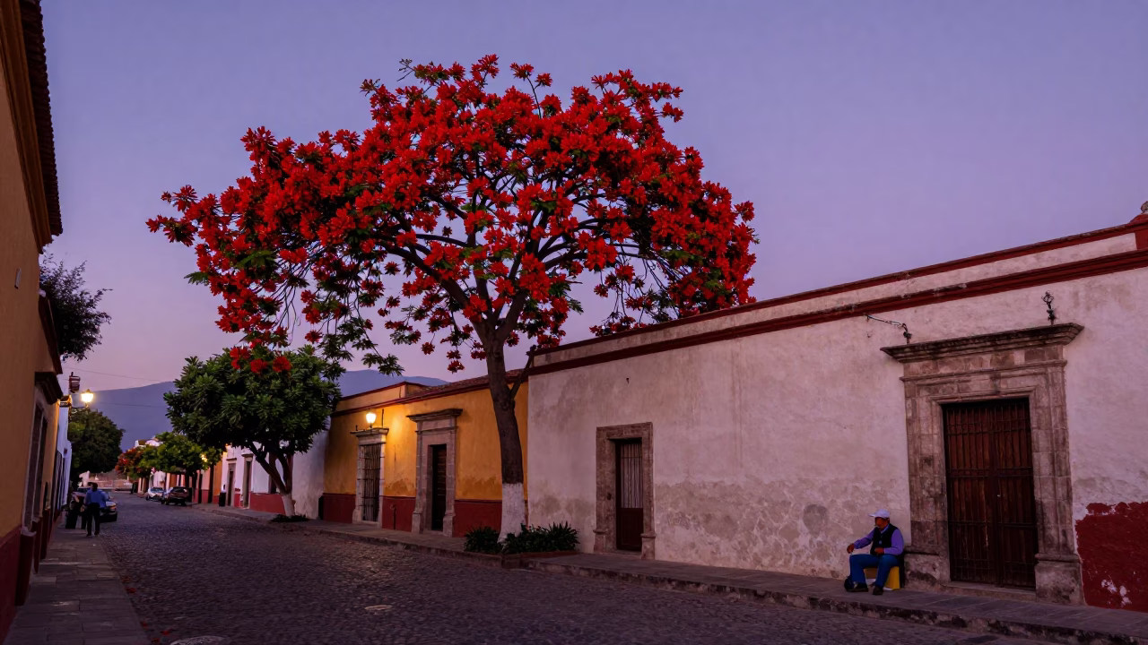 Twilight street scene in Oaxaca Mexico with flame tree bloom and carafe in in Oaxaca, Mexico