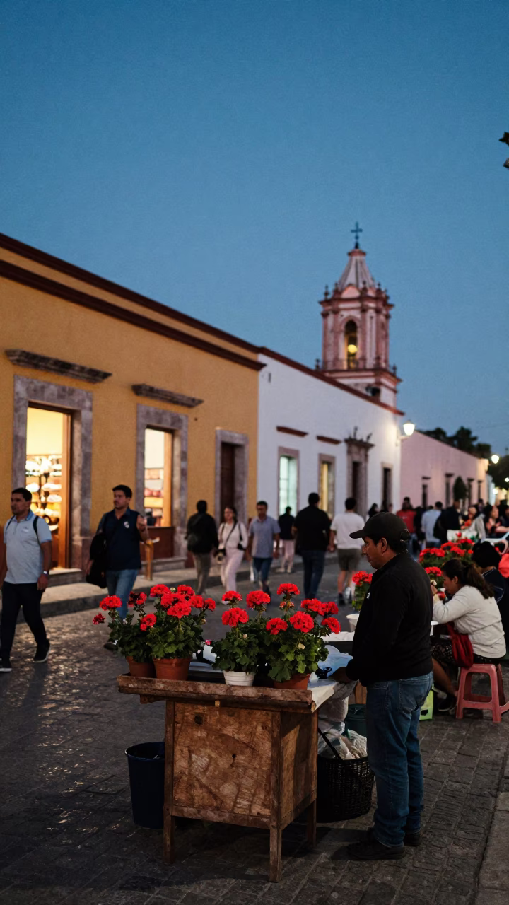 Twilight Street Scene in Oaxaca Mexico with Geraniums and Local Market Life in in Oaxaca, Mexico