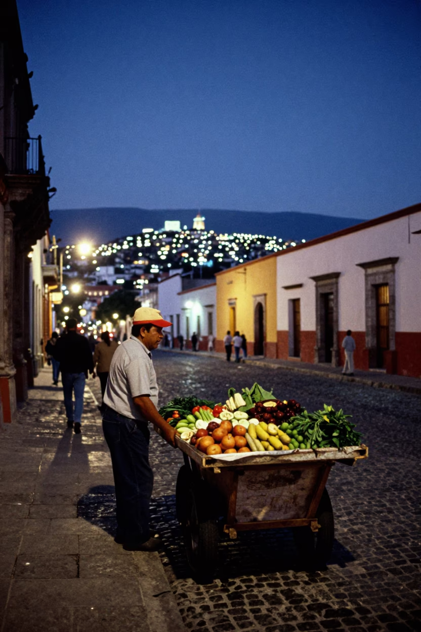 Twilight Street Scene in Oaxaca Mexico with Glowing City Lights and Local Market Activity in in Oaxaca, Mexico