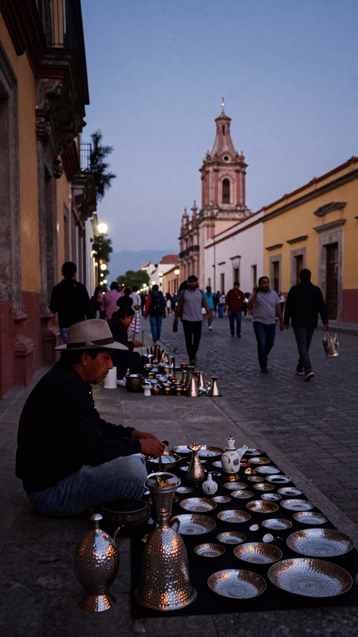 Twilight Street Scene in Oaxaca Mexico with Hammered Metal and Porcelain in in Oaxaca, Mexico