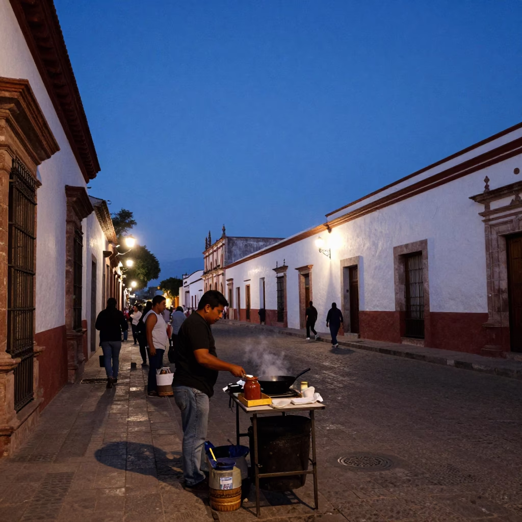 Twilight Street Scene in Oaxaca Mexico with Jar and Skillet Cooking in in Oaxaca, Mexico