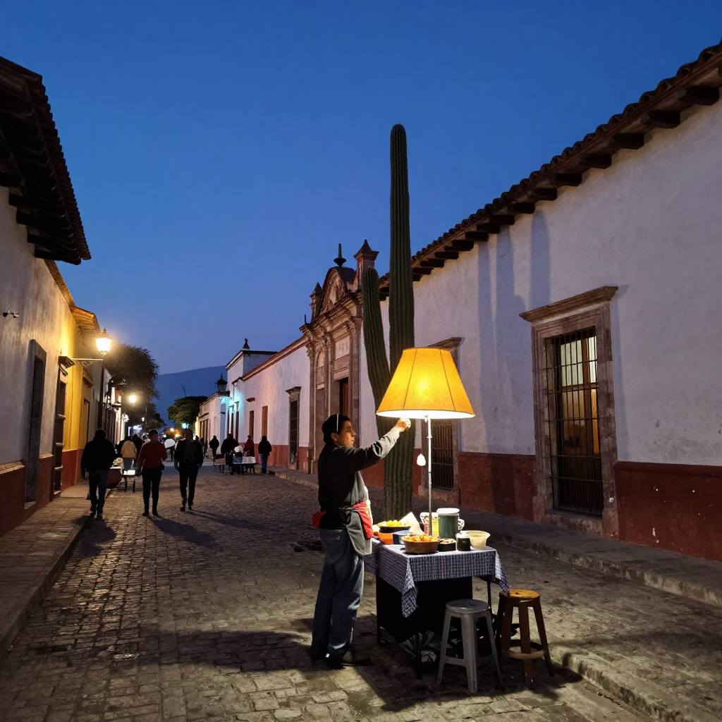 Twilight Street Scene in Oaxaca Mexico with Lampshade and Saguaro Cactus in in Oaxaca, Mexico