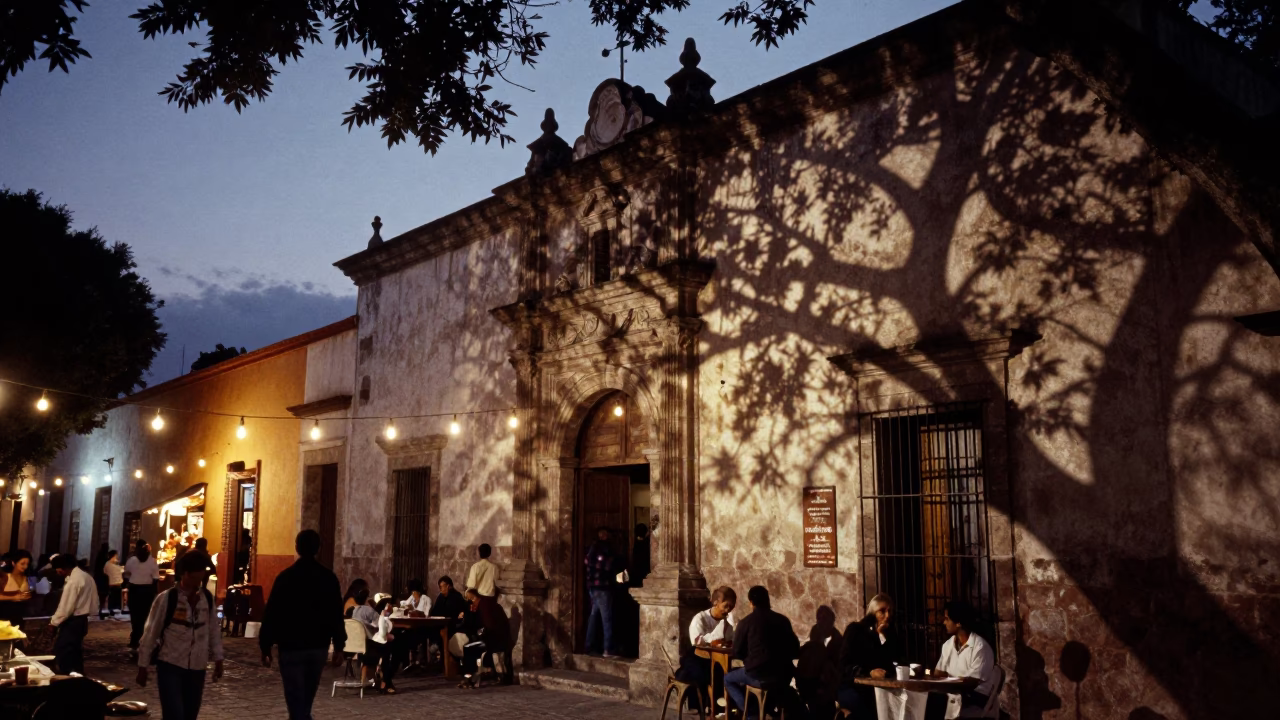 Twilight Street Scene in Oaxaca Mexico with Leaf Shadows and Traditional Market Elements in in Oaxaca, Mexico