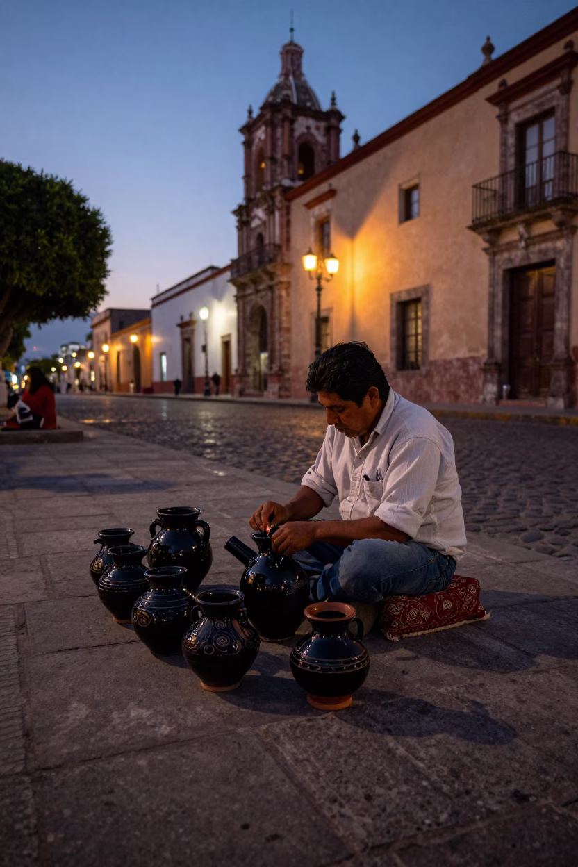 Twilight Street Scene in Oaxaca Mexico with Local Artisan and Traditional Pottery in in Oaxaca, Mexico
