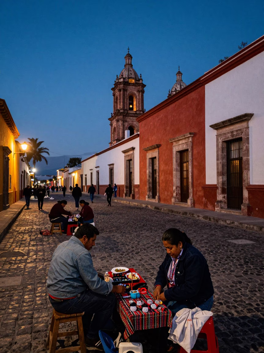 Twilight Street Scene in Oaxaca Mexico with Local Artisans and Traditional Architecture in in Oaxaca, Mexico