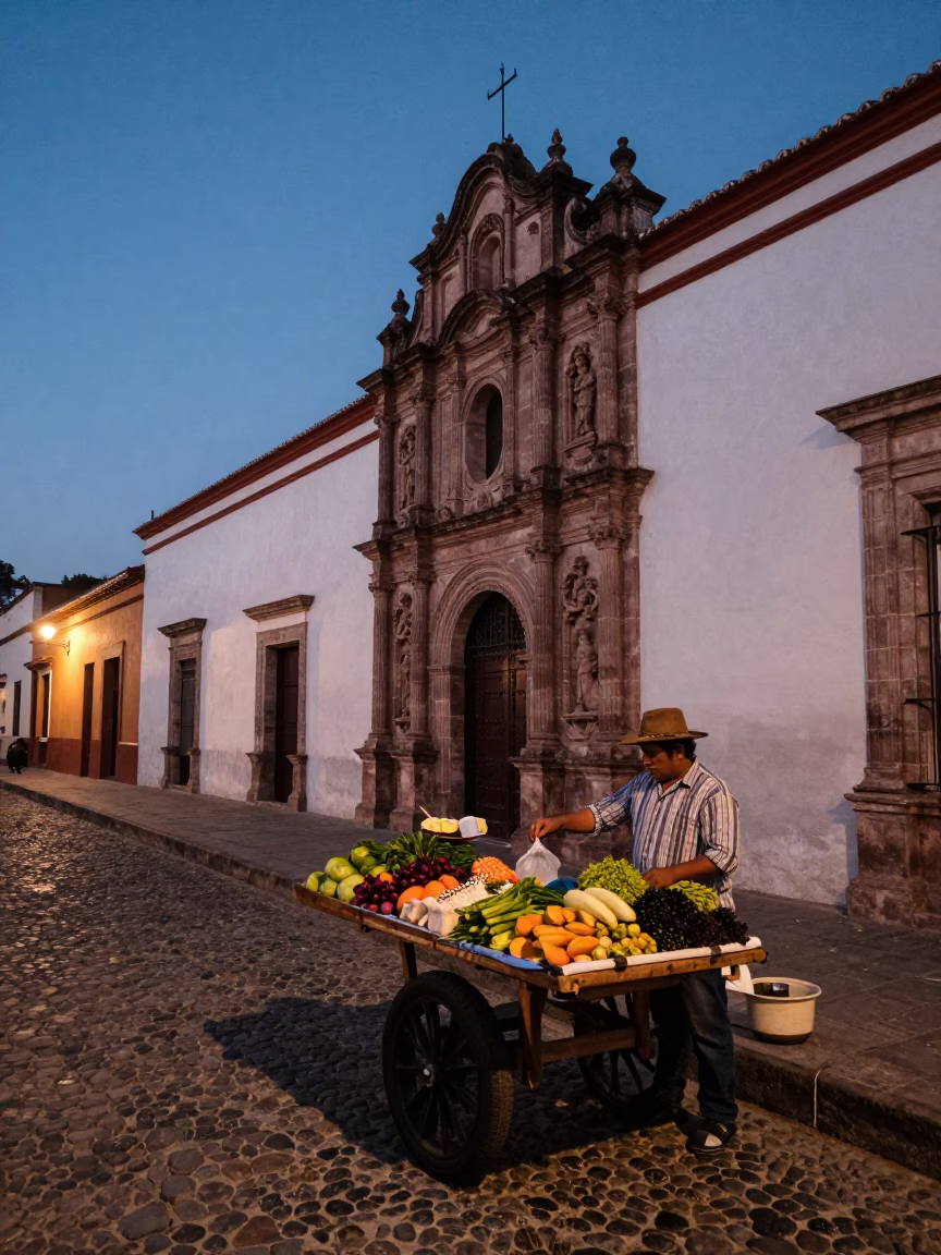 Twilight Street Scene in Oaxaca Mexico with Local Vendors and Traditional Architecture in in Oaxaca, Mexico