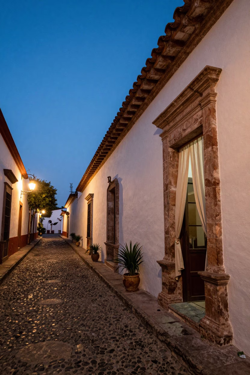 Twilight street scene in Oaxaca Mexico with prayer plant and curtain in in Oaxaca, Mexico