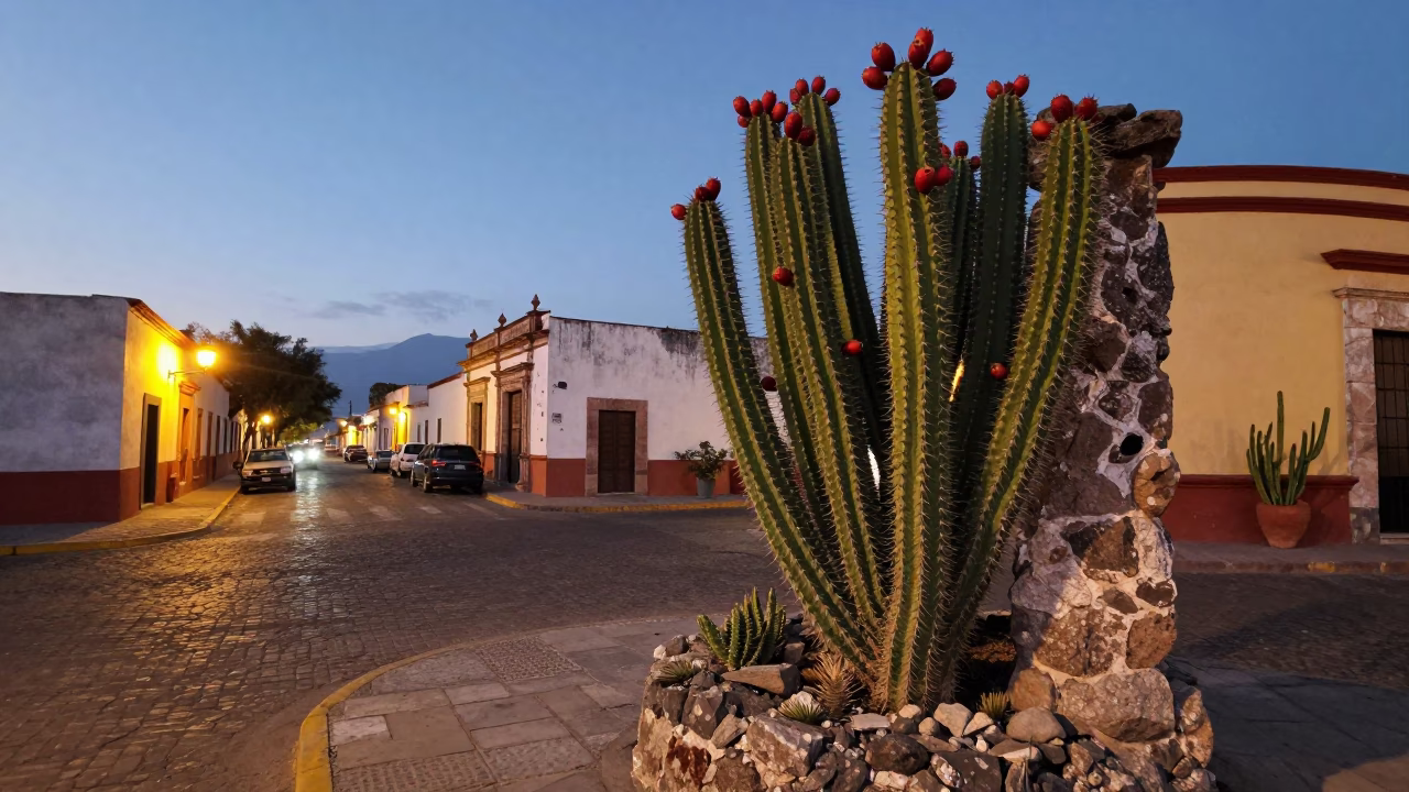 Twilight Street Scene in Oaxaca Mexico with Prickly Pear Cactus and Bar Counter in in Oaxaca, Mexico