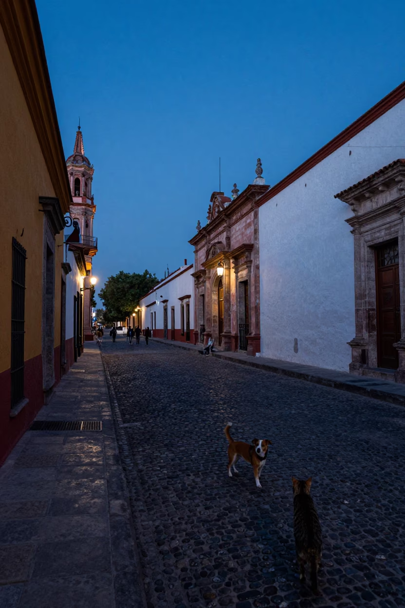 Twilight Street Scene in Oaxaca Mexico with Rat Terrier and Tabby Cat in in Oaxaca, Mexico