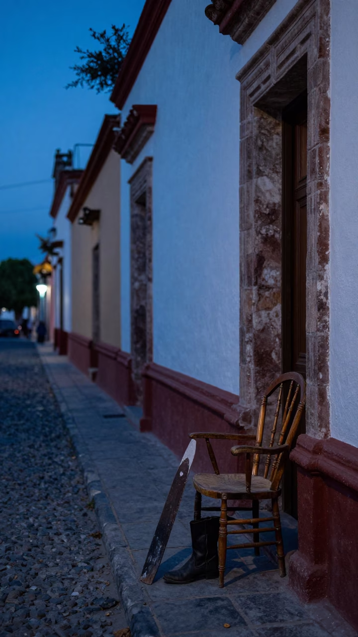 Twilight Street Scene in Oaxaca Mexico with Spindle Chair and Boot Scraper in in Oaxaca, Mexico
