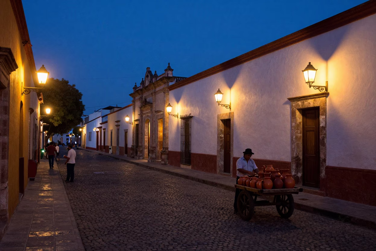 Twilight Street Scene in Oaxaca Mexico with Table Lamps and Local Life in in Oaxaca, Mexico